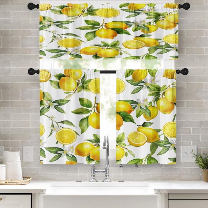 LEMON FRUITS KITCHEN CURTAINS FLOWER LEAVES WINDOW CURTAINS VALANCE AND TIER SET 36 INCH SUMMER TROPICAL SHORT TIER CURTAIN FRUIT BACKGROUND SMALL KITCHEN DECOR