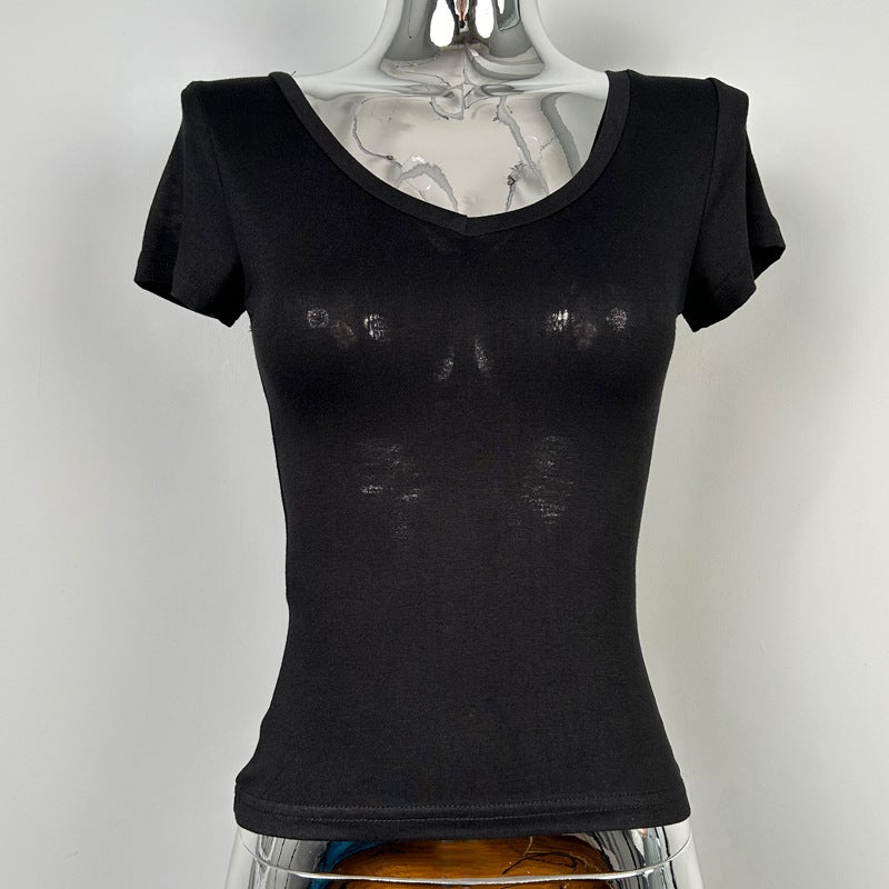 South Korea Dongdaemun Simple All-Match Pure Desire V-Neck Micro-Transparent Figure Short-Sleeved Solid Color T-Shirt Top - Image 1