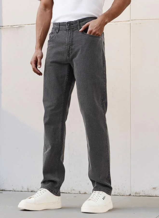 Plain Mid Waist Slim Fit Jeans with Pocket Detail