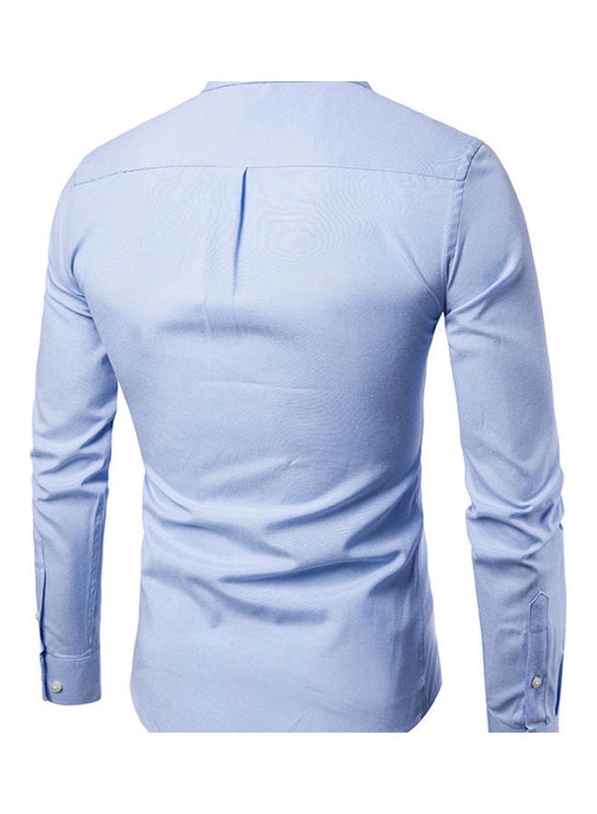 نيبمينينت قميص رجالي ضيق للعمل بأكمام طويلة وجيب وياقة مثنية، سادة اللون أزرق - Image 4