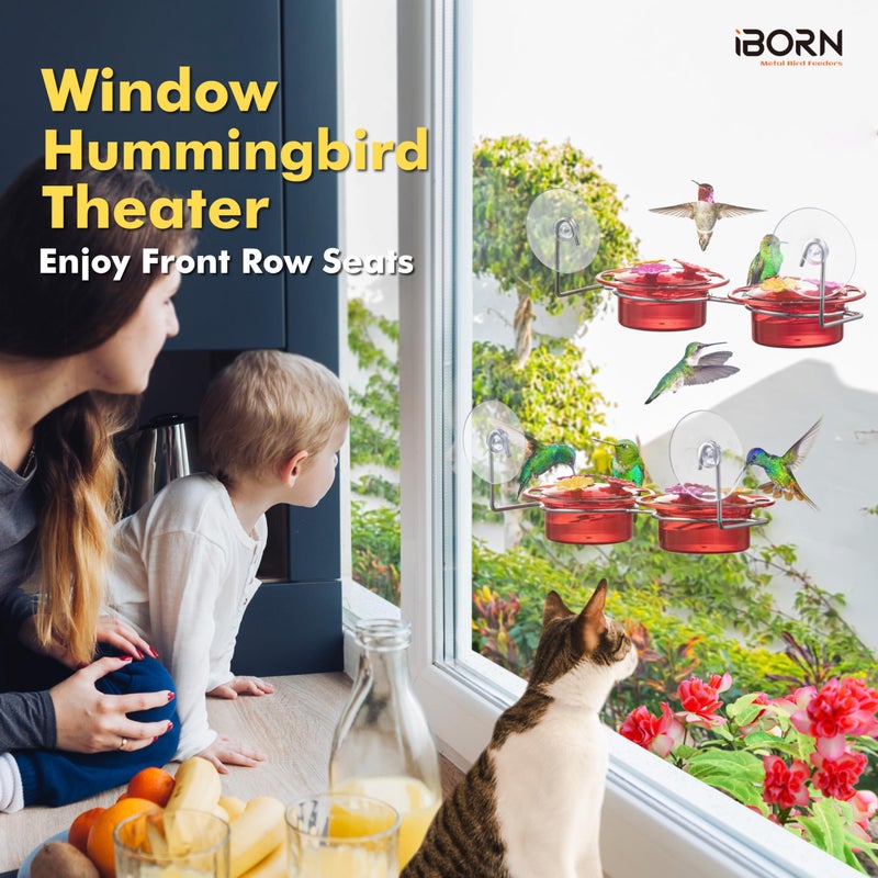 iBorn Window Hummingbird Feeder Hummingbird Feeder with Strong Suction Cup Mini Humming Bird Feeders for Outdoors, Bee-Proof Feeding Ports & Stainless Steel Base, 3oz, 2025 New - Image 3