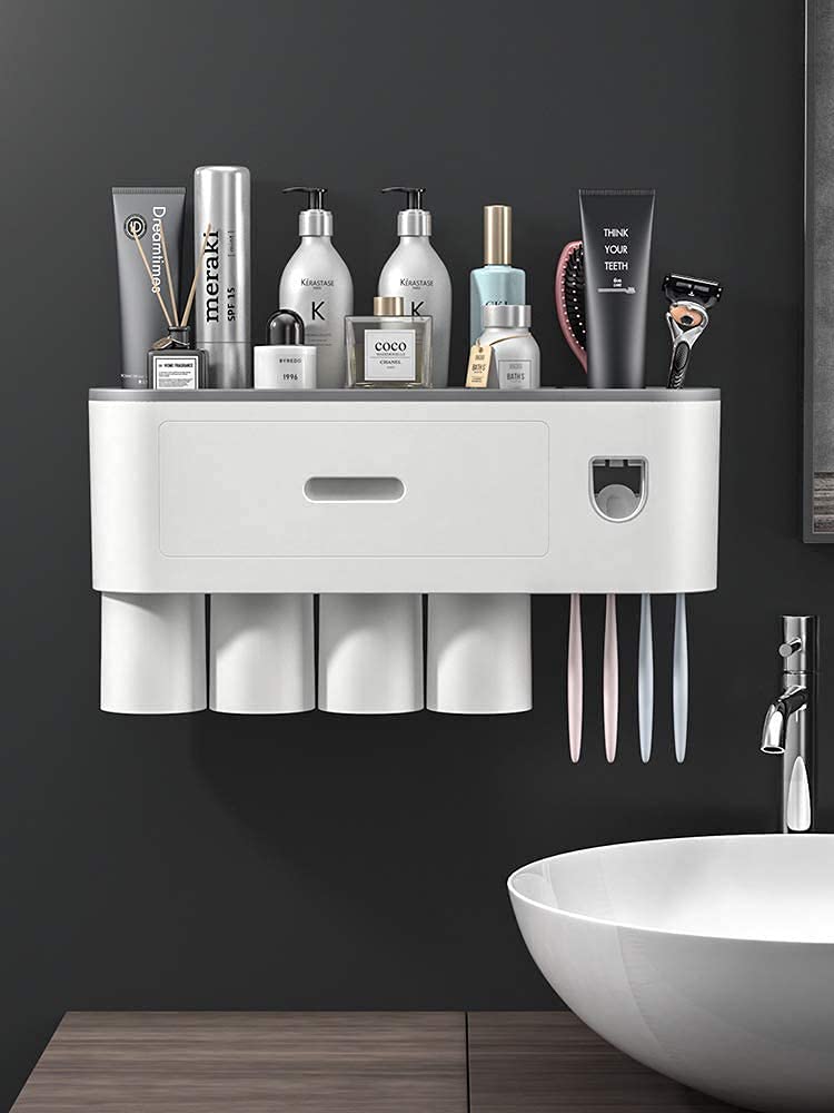 tgopit Toothbrush Holder Wall Mounted, Automatic Toothpaste Dispenser Squeezer Kit with Holders for Bathroom-Shelf Magnetic Cups Toothpaste Holder Drawer Organizer Space Saver Easy to Clean (4 - Cup) - Image 1