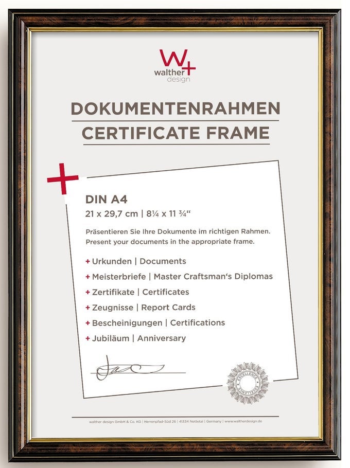 PICTURE FRAME WALNUT 21 X 297 CM DIN A4 WITH GOLD INNER EDGE SMELL DESIGN FRAME JD130N