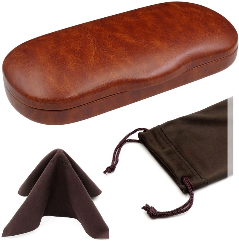 MyEyeglassCase Glasses Case Hard Shell for Small - Medium Frames - Eyeglass Clam Shell Hard Case for Men & Women - Travel Eyewear Holder with Cleaning Fabric Cloth - Protective Storage (AS196 Brown) - Image 1