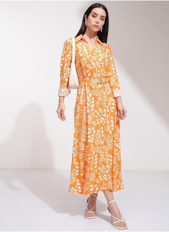 Tokyo Talkies All-Over Floral Print Shirt Midi Dress with Belt Detail by Styli  - Image 1