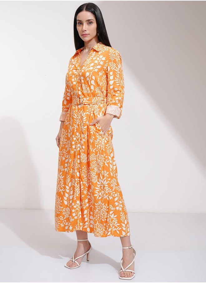 Tokyo Talkies All-Over Floral Print Shirt Midi Dress with Belt Detail by Styli  - Image 2