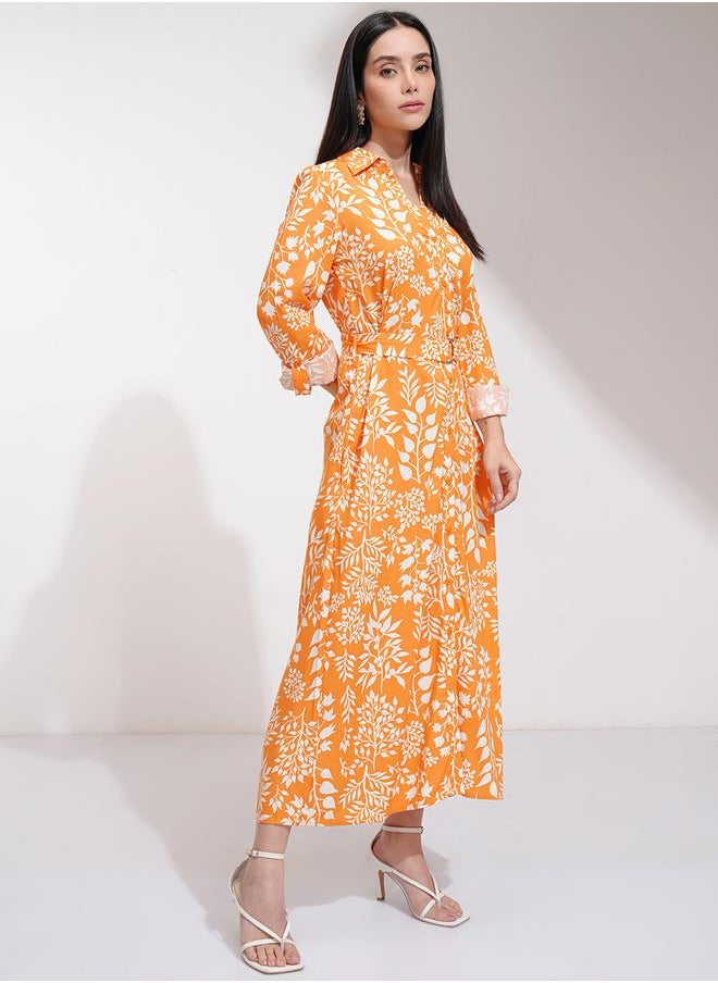 Tokyo Talkies All-Over Floral Print Shirt Midi Dress with Belt Detail by Styli  - Image 4