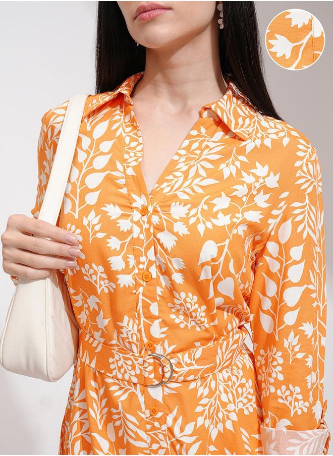 Tokyo Talkies All-Over Floral Print Shirt Midi Dress with Belt Detail by Styli  - Image 5