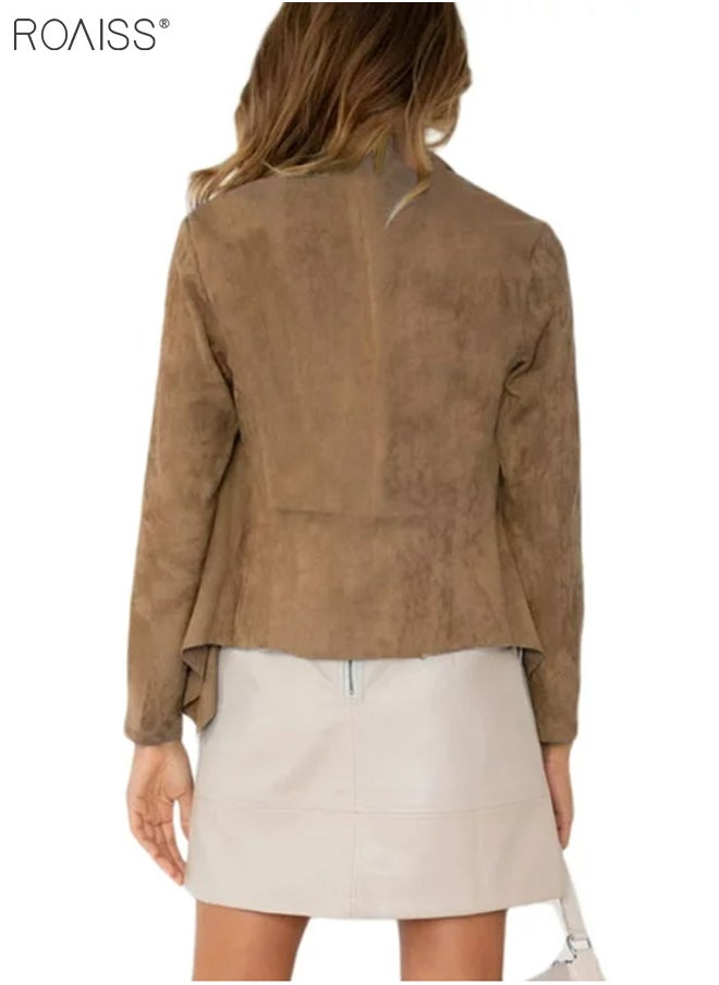 roaiss - Women's Fashion Casual Suede Cardigan Lightweight And Soft Long Sleeved Top Irregular Hem Lapel Small Coat - Image 1