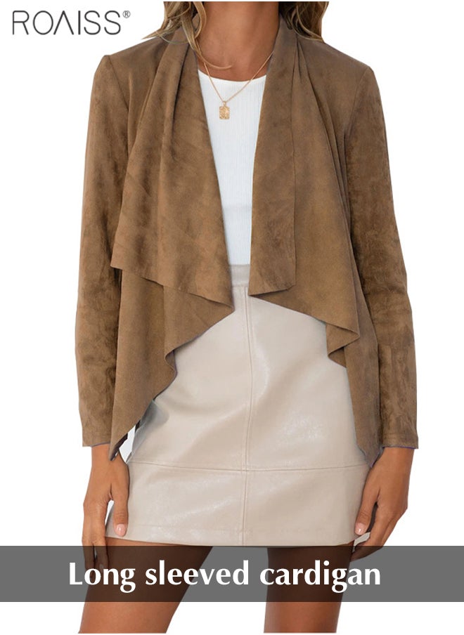 roaiss - Women's Fashion Casual Suede Cardigan Lightweight And Soft Long Sleeved Top Irregular Hem Lapel Small Coat - Image 1