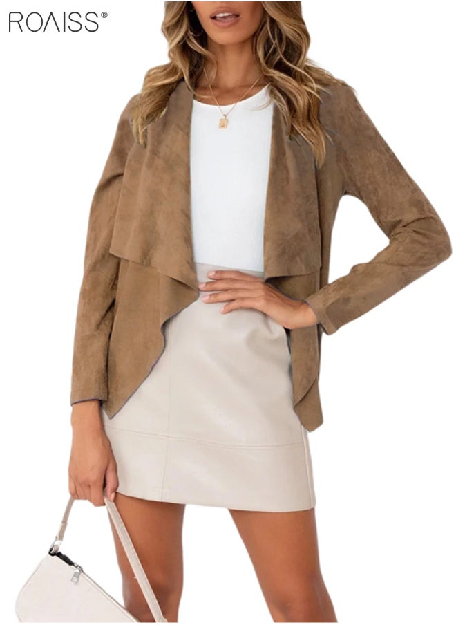roaiss - Women's Fashion Casual Suede Cardigan Lightweight And Soft Long Sleeved Top Irregular Hem Lapel Small Coat - Image 1