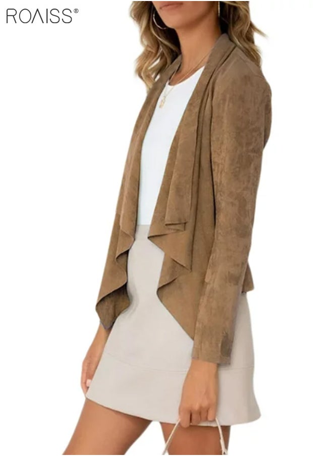 roaiss - Women's Fashion Casual Suede Cardigan Lightweight And Soft Long Sleeved Top Irregular Hem Lapel Small Coat - Image 1