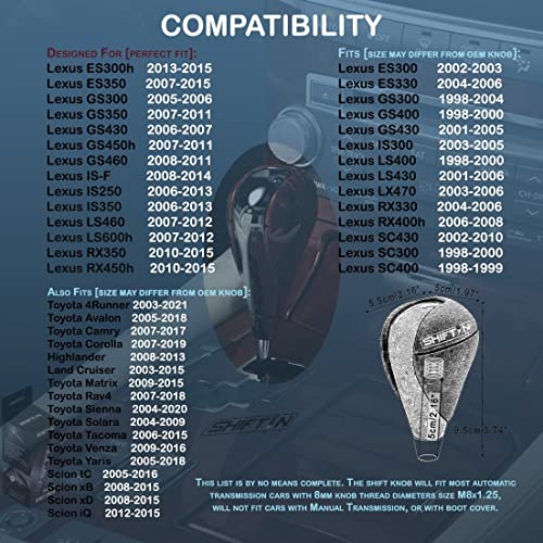 SHIFTIN Piano Black Carbon Fiber Gear Shift Knob Stick Shifter for Lexus ES300h ES350 GS300 GS350 GS430 GS450h GS460 is-F IS250 IS300 IS350 LS460 LS600h RX350 RX450h (Black Leather/Walnut Wood) - Image 5