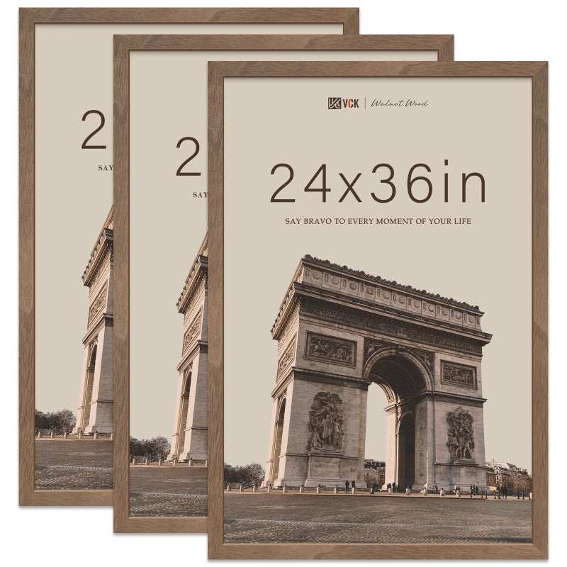 VCK 24x36 Poster Frame Brown Walnut  3 Pack Exclusive Natural Wood Grain Solid Wood Picture Frame Wall Hanging