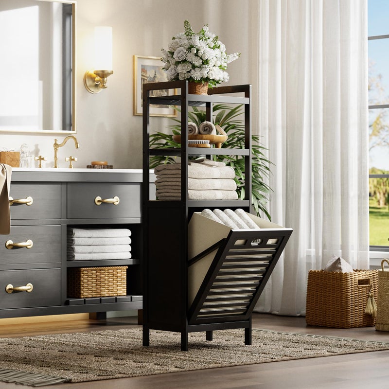 HITNET Tilt Out Laundry Hamper, Bamboo Bathroom Cabinet with Pull Out Removable Bag and 3 Tier Storage Shelves, 10 Gal Clothes Basket with Metal Handle, Black - Image 2