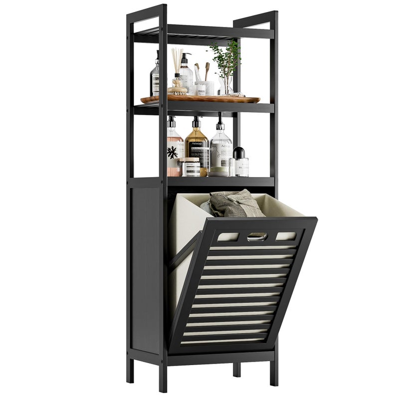HITNET Tilt Out Laundry Hamper, Bamboo Bathroom Cabinet with Pull Out Removable Bag and 3 Tier Storage Shelves, 10 Gal Clothes Basket with Metal Handle, Black - Image 1