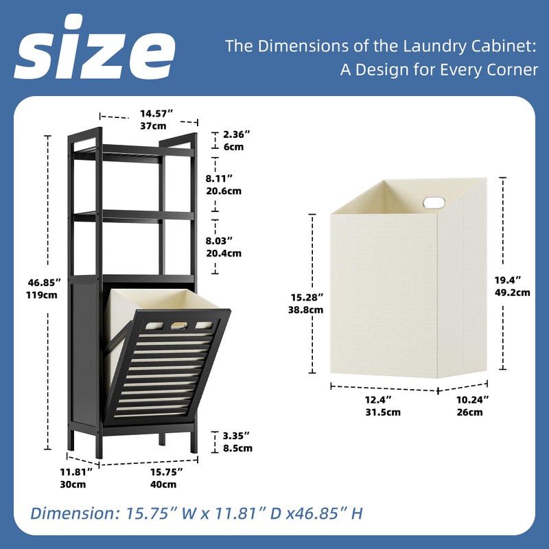 HITNET Tilt Out Laundry Hamper, Bamboo Bathroom Cabinet with Pull Out Removable Bag and 3 Tier Storage Shelves, 10 Gal Clothes Basket with Metal Handle, Black - Image 3
