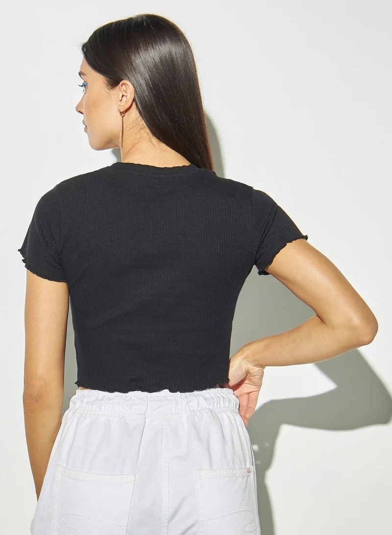 Lee Cooper Lee Cooper Ribbed Crop T-shirt with Crew Neck and Short Sleeves