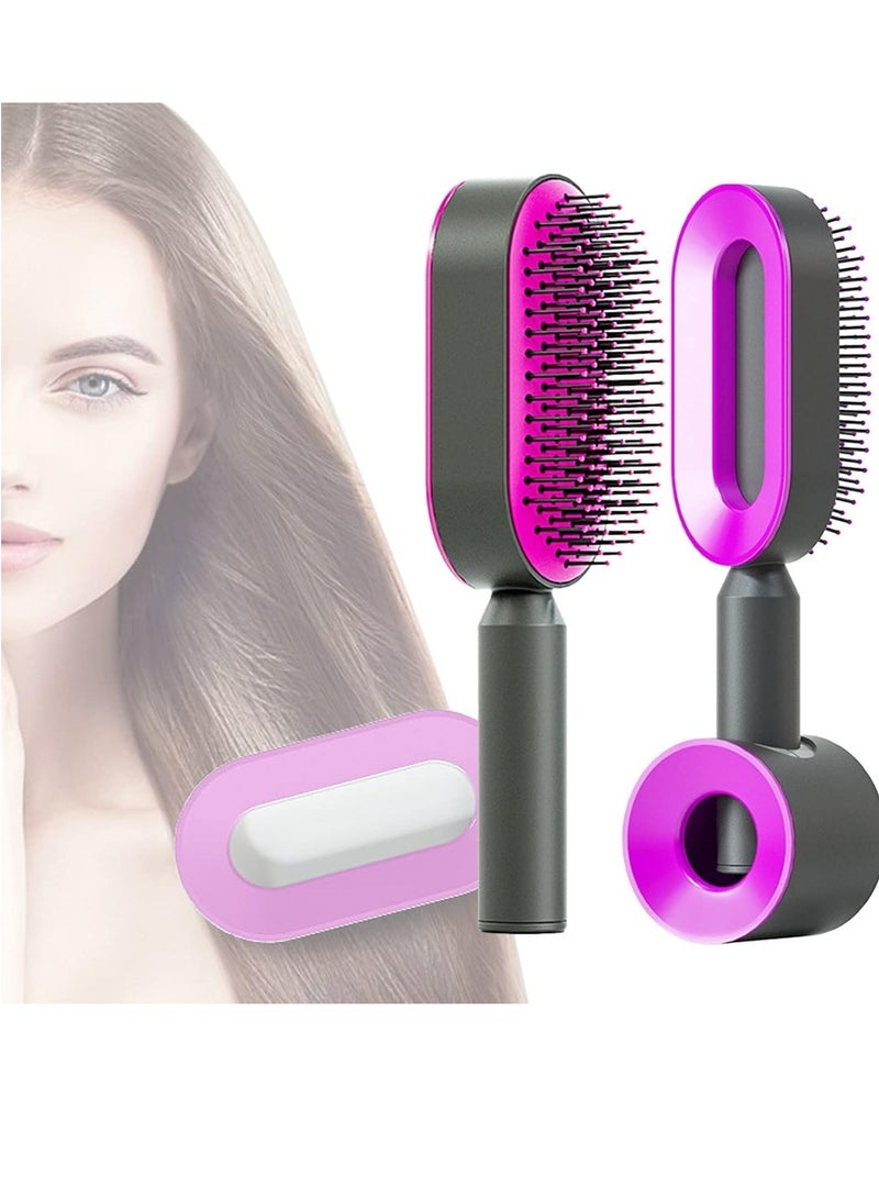 Self Cleaning Hair Brush with Holder-2 pecies -New 3D Air Cushion Brush for Detangling-Easy Clean Hair Brush for Women&Men-Paddle Hair Brush for Thick/Curly/Long/Thin Hair (Rosy Pink) - Image 1
