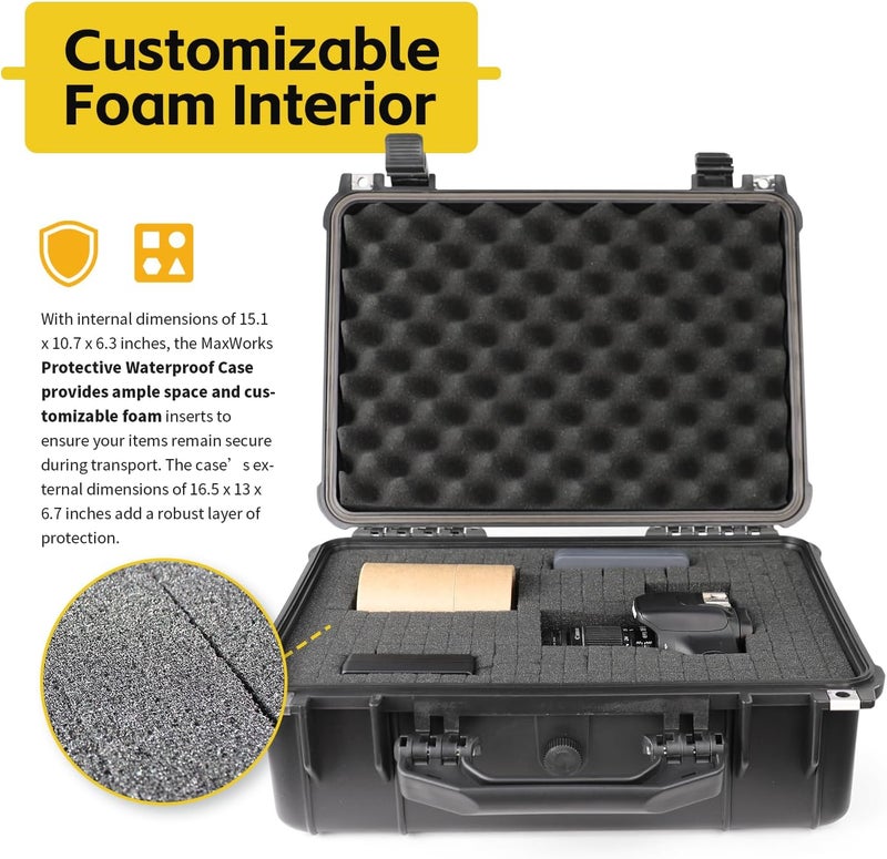 Maxworks حافظة ماكس ووركس 51017 الواقية المقاومة للماء IP67 لكاميرا والأغراض القيمة مع داخلية من الرغوة 151 × 107 × 63 بوصة داخلية سوداء 165 × 13 × 67 بوصة خارجية - Image 3
