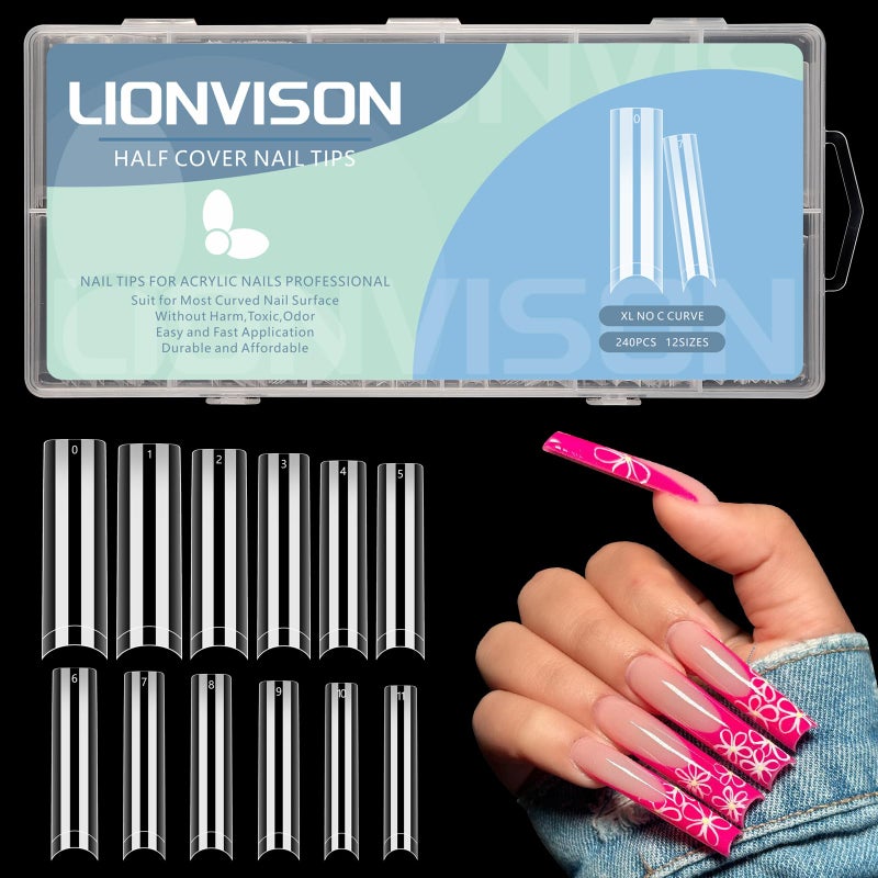LIONVISON No C Curve Square Nail Tips XXL 12 Sizes Tapered Square Nails Tips Half Cover Extra Long Clear Straight Nail Tips 240PCS for Nails Art with Box