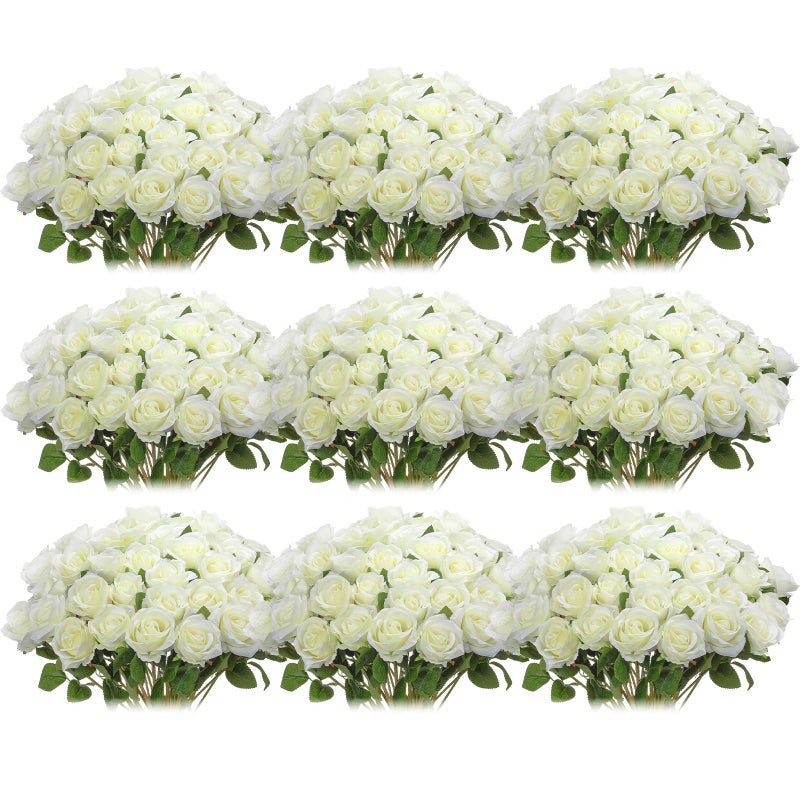 Jexine 100 Pieces Artificial Roses Flowers Bulk Long Stem Realistic Fake Silk Roses Bouquet for Table Centerpiece Vases Wedding Party Kitchen DecorWhite