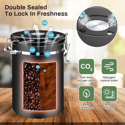 Supvox® Coffee Bean Canister 63Oz/1.8L Airtight 304 Stainless Steel Kitchen Food Container Food Storage Can with Built in Date Tracker & Clear Window Canister Food Can for Coffee, Sugar, Tea, Flour - Image 3