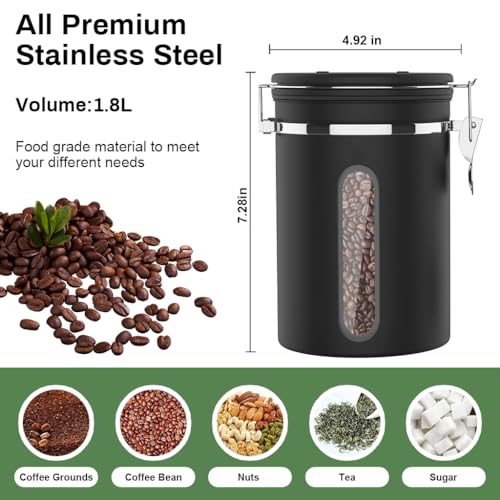 Supvox® Coffee Bean Canister 63Oz/1.8L Airtight 304 Stainless Steel Kitchen Food Container Food Storage Can with Built in Date Tracker & Clear Window Canister Food Can for Coffee, Sugar, Tea, Flour - Image 4