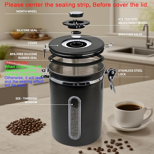 Supvox® Coffee Bean Canister 63Oz/1.8L Airtight 304 Stainless Steel Kitchen Food Container Food Storage Can with Built in Date Tracker & Clear Window Canister Food Can for Coffee, Sugar, Tea, Flour - Image 2