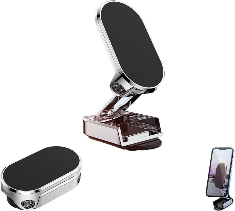 woobles 2023 New Alloy Folding Magnetic Car Phone Holder,Dashboard Multifunctional Foldable Magnetic Phone Stand with Strong Magnet 360° Rotation Foldable Desktop Phone Stand (Silver) Silver - Image 1