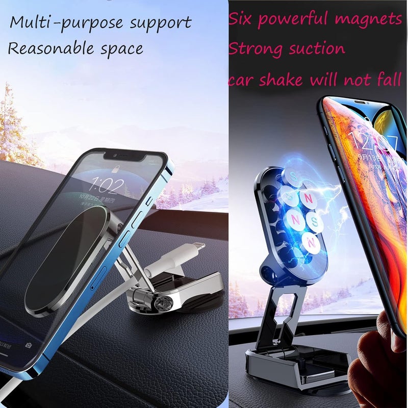woobles 2023 New Alloy Folding Magnetic Car Phone Holder,Dashboard Multifunctional Foldable Magnetic Phone Stand with Strong Magnet 360° Rotation Foldable Desktop Phone Stand (Silver) Silver - Image 4