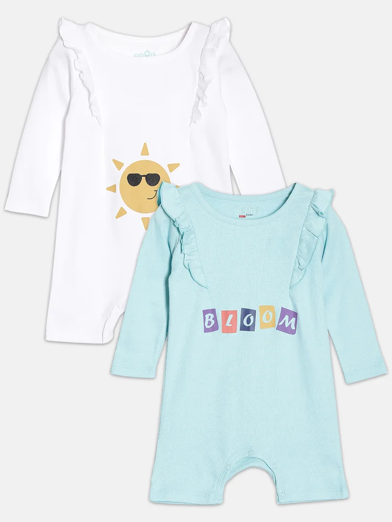 Broon Broon Infant Girls Sea Blue and White Printed Organic Cotton Rompers Pack of 2