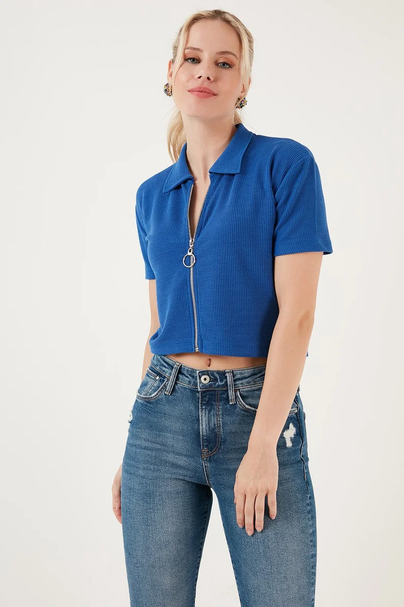 ليلا Flexible Zippered Shirt Collar Crop Blouse Women's Blouse 5865346