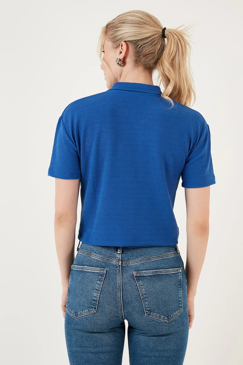 ليلا Flexible Zippered Shirt Collar Crop Blouse Women's Blouse 5865346
