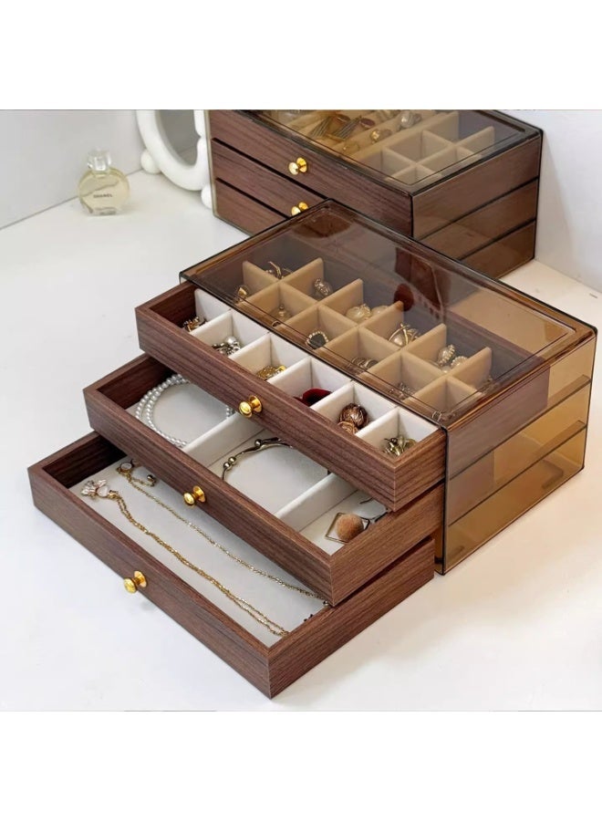 ILovhaprty Walnut Wood Grain Jewelry Box with 3 Drawers, 22×13×10.8cm Acrylic Dustproof Organizer for Rings, Earrings, Bracelets & Necklaces, Multi-Layer Jewelry Storage Case for Women - Image 1