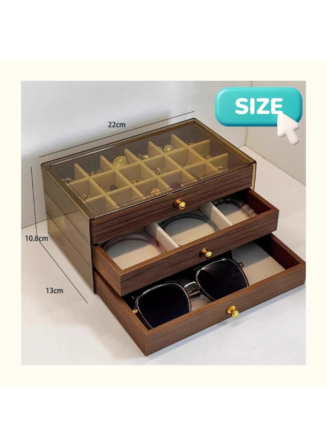 ILovhaprty Walnut Wood Grain Jewelry Box with 3 Drawers, 22×13×10.8cm Acrylic Dustproof Organizer for Rings, Earrings, Bracelets & Necklaces, Multi-Layer Jewelry Storage Case for Women - Image 2