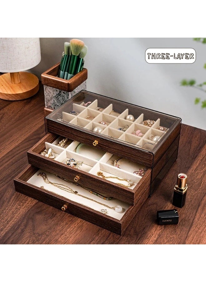 ILovhaprty Walnut Wood Grain Jewelry Box with 3 Drawers, 22×13×10.8cm Acrylic Dustproof Organizer for Rings, Earrings, Bracelets & Necklaces, Multi-Layer Jewelry Storage Case for Women - Image 3