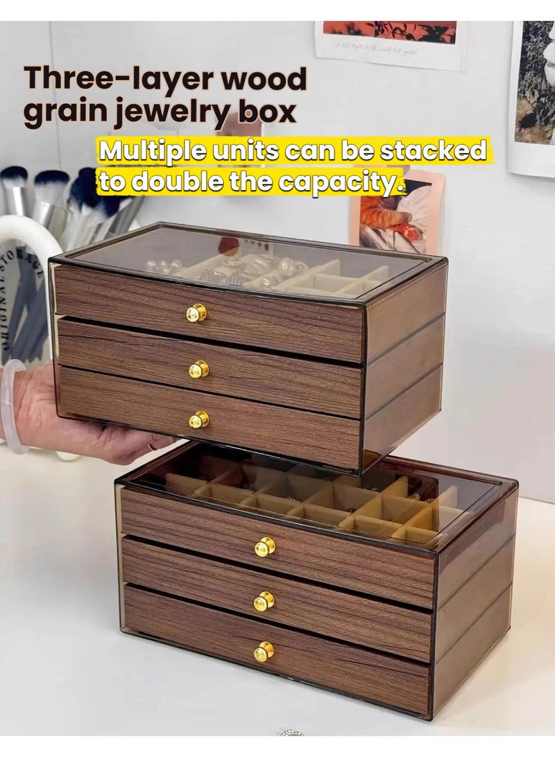 ILovhaprty Walnut Wood Grain Jewelry Box with 3 Drawers, 22×13×10.8cm Acrylic Dustproof Organizer for Rings, Earrings, Bracelets & Necklaces, Multi-Layer Jewelry Storage Case for Women - Image 4