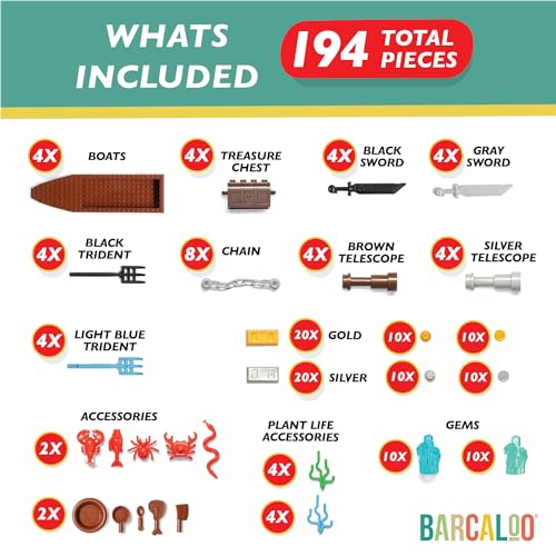 Barcaloo 194 Piece Building Bricks Accessories Kit Pirate Ship Parts Pieces Set with Boats Treasure Weapons Plants Wildlife Parts Building Block Accessory Set Compatible with Major Brands - Image 5
