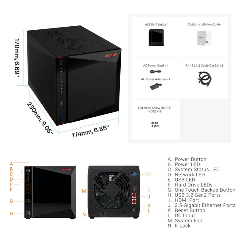 asustor Asustor AS5404T Nimbustor 4 Gen2-4 Bay NAS Network Storage Enclosure, Quad-Core 2.0GHz CPU, 4xM.2 NVMe SSD Slots, 2x2.5GbE Ports, 4GB DDR4 RAM, Gaming-Inspired NAS  - Image 2