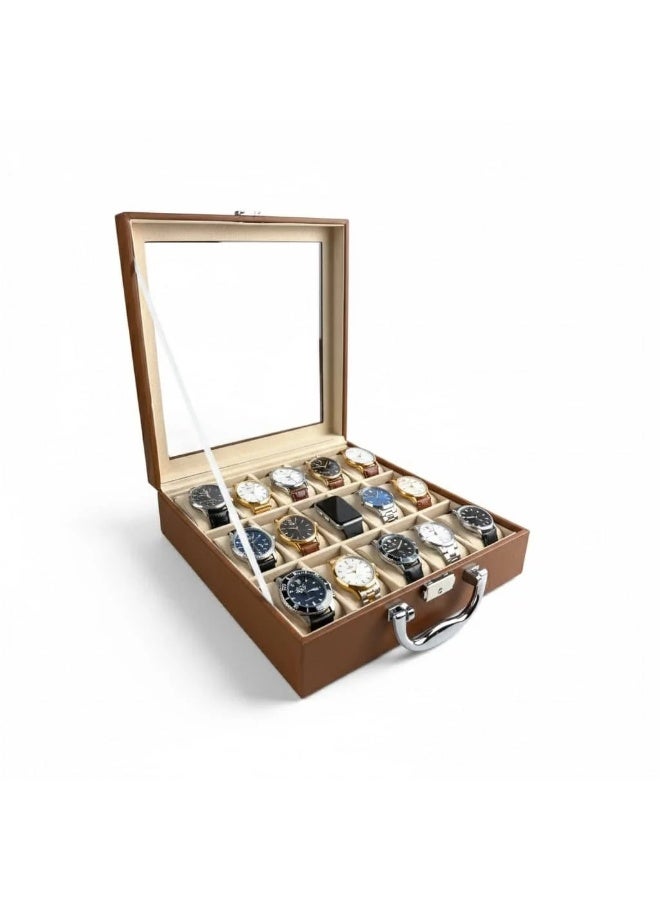 Brown Leather Watch Box – 15 Slot Organizer for Watches, Smartwatches & Accessories - Image 1