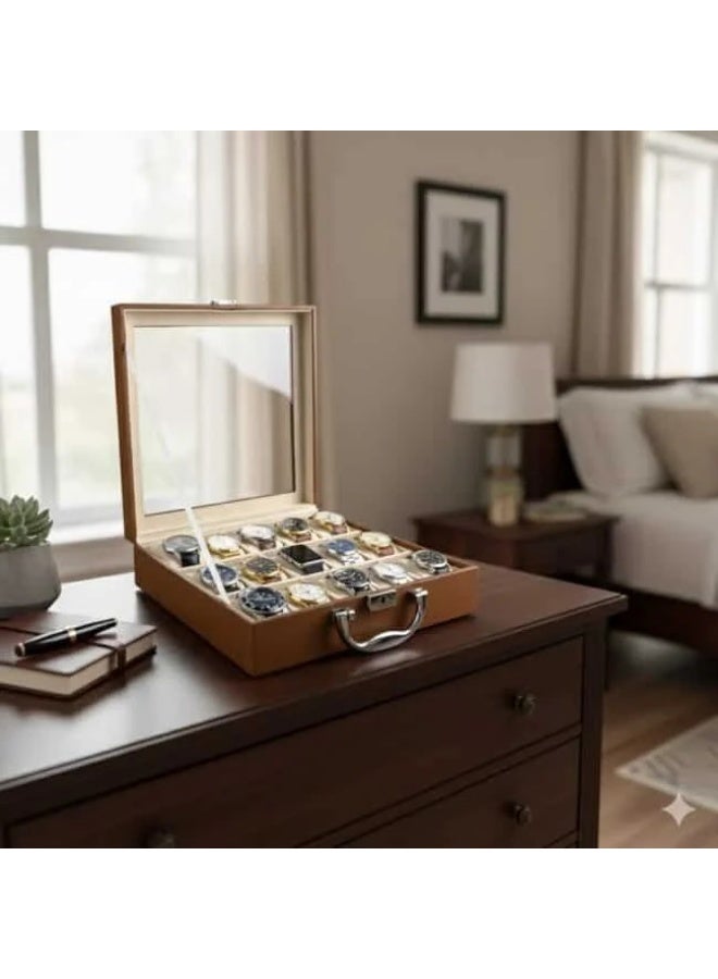 Brown Leather Watch Box – 15 Slot Organizer for Watches, Smartwatches & Accessories - Image 2