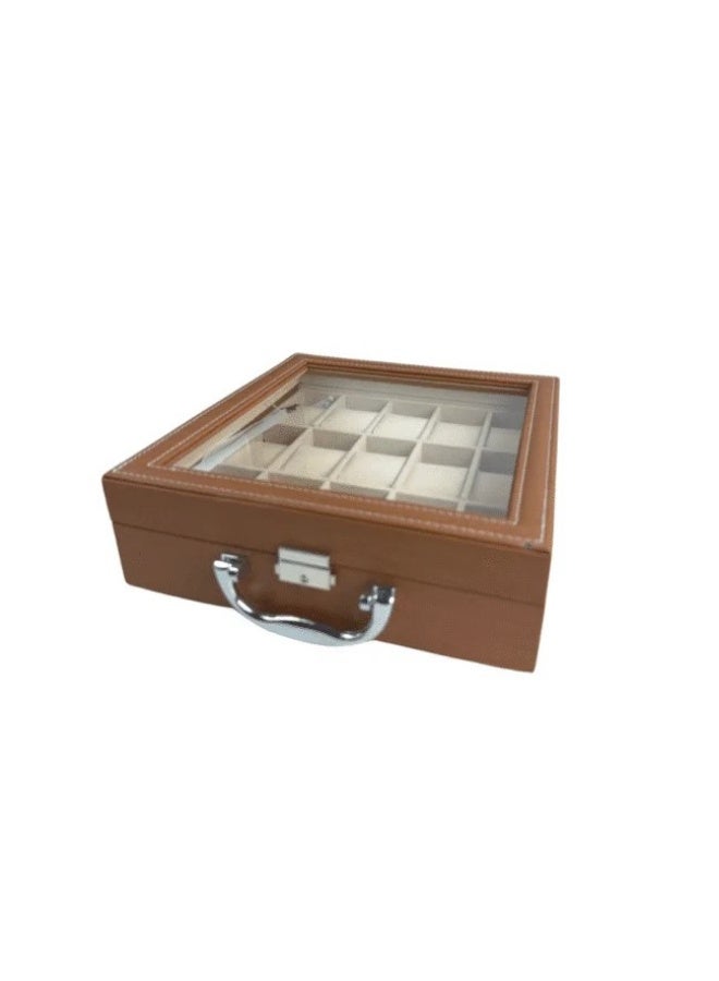Brown Leather Watch Box – 15 Slot Organizer for Watches, Smartwatches & Accessories - Image 3
