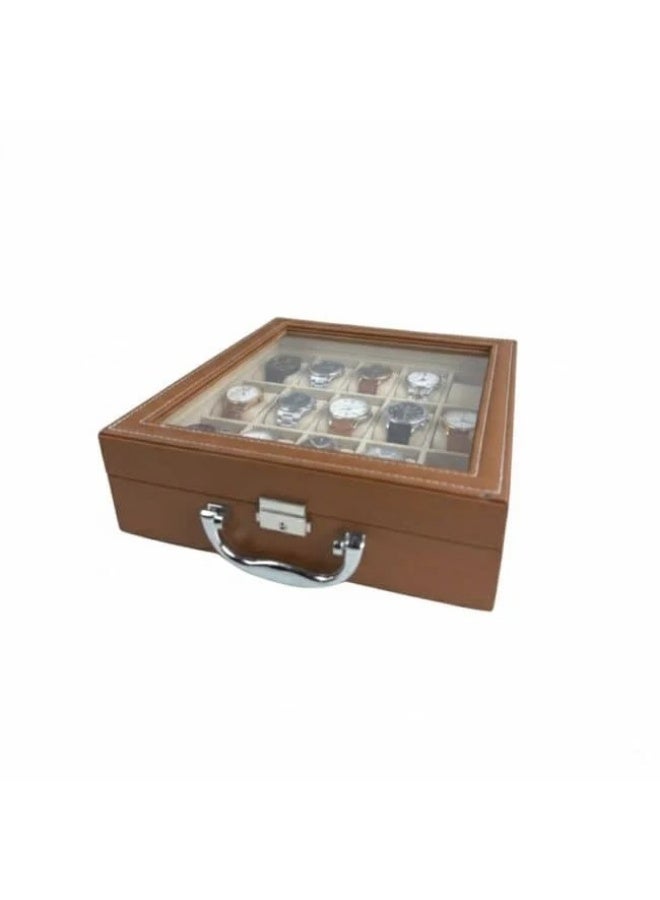 Brown Leather Watch Box – 15 Slot Organizer for Watches, Smartwatches & Accessories - Image 4