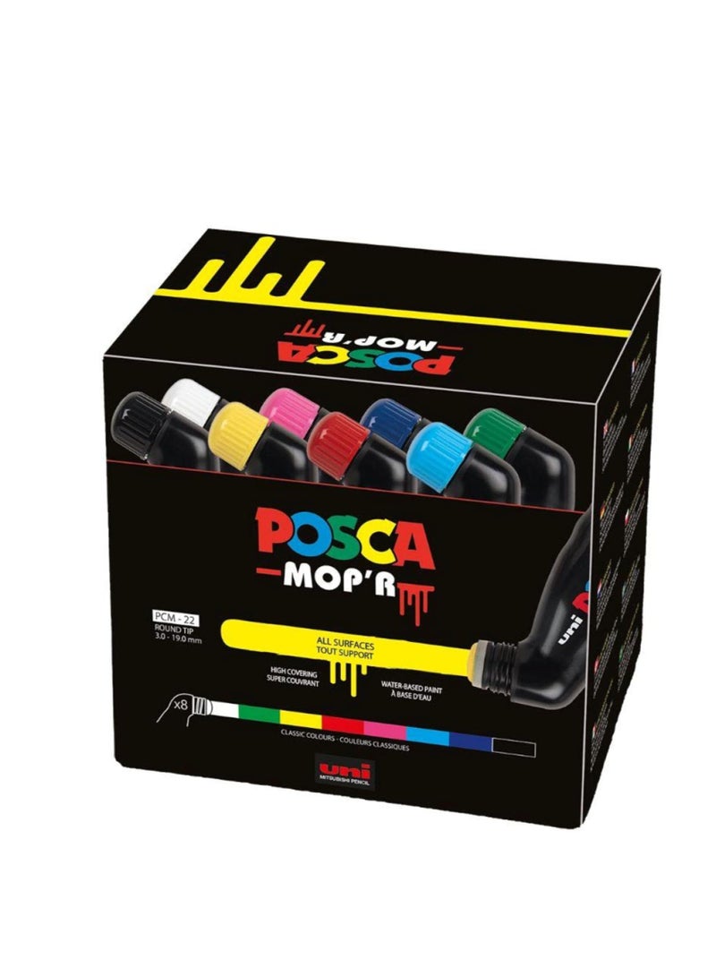 POSCA قلم طلاء دائم متعدد الأسطح بوسكا MOP’R PCM-22، طرف دائري XXL 3-19 مم، علبة من 8 ألوان متنوعة - Image 1