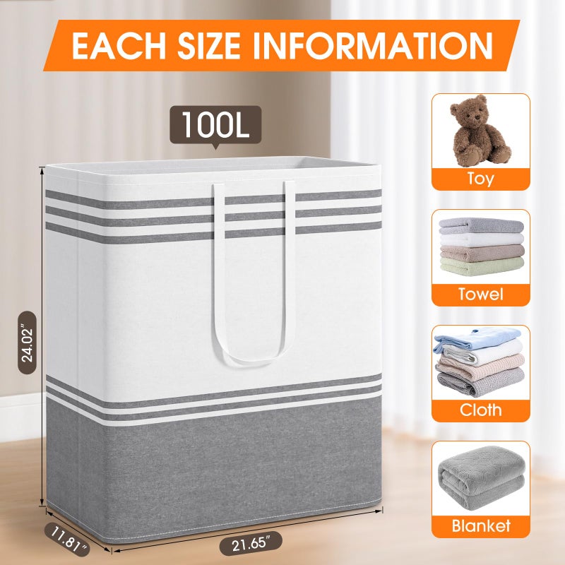 EpicTotes 2 Pack Large Home Laundry Basket, Laundry Hamper, Freestanding Waterproof Dirty Clothes Bag, Tall Clothes Hamper - Extended & Reinforced Handles for College Dorm, Family (Light Grey/100L) - Image 2