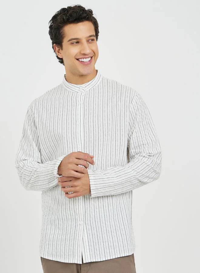 Styli Striped Mandarin Collar Long Sleeve Relaxed Fit Shirt