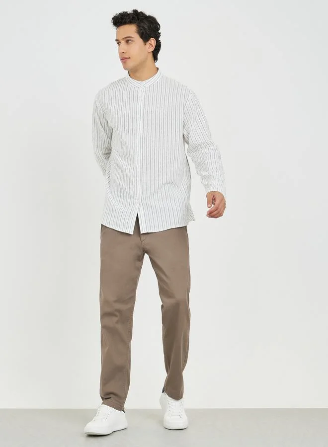 Styli Striped Mandarin Collar Long Sleeve Relaxed Fit Shirt