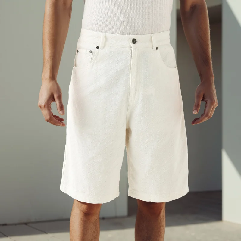 Lee Cooper Textured Baggy Denim Shorts with Button Closure and Pockets