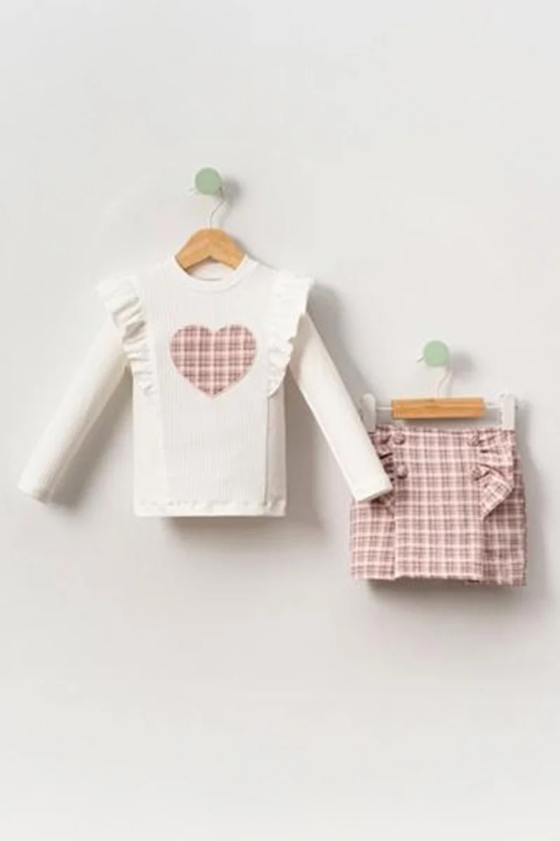 مينيمن جيجيليري My Little Ones (2-9 Years Old) Plaid Ruffled Heart Detailed Girl's Set - Pink